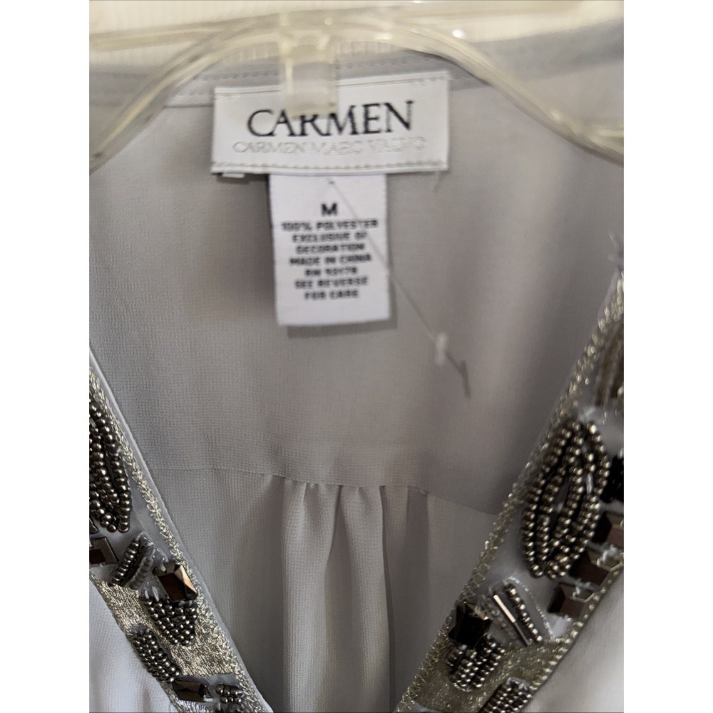 Carmen Marc Valvo Beaded Chiffon Top SZ M Sheer Grey Blouse V Neck Sleeveless